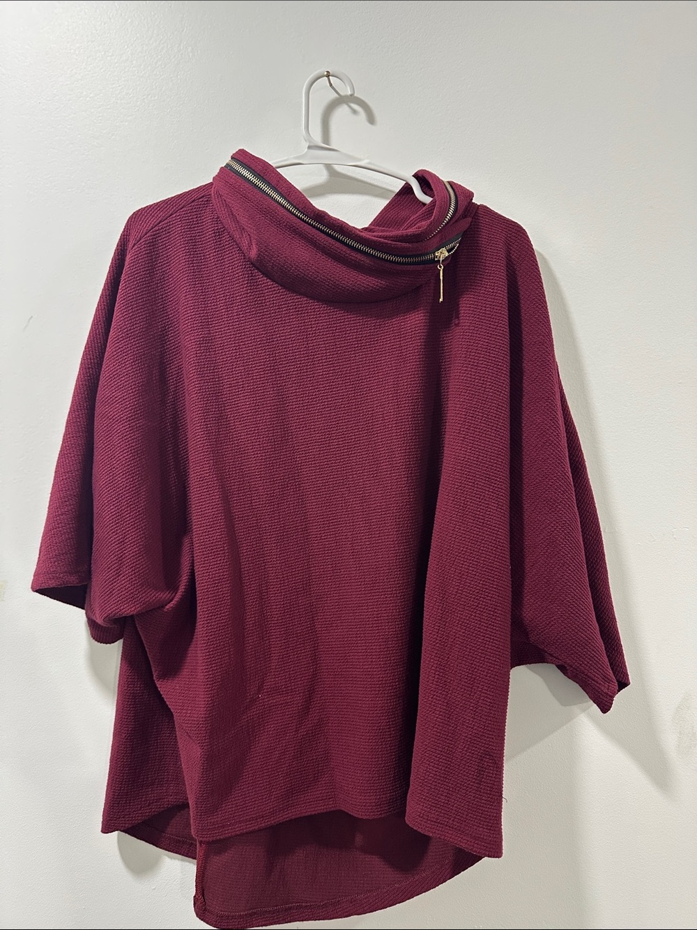 Maroon Zip-Neck Knit Poncho Sweater